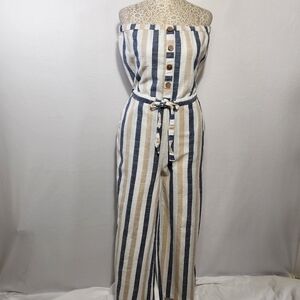 Blue Island Women Navy Striped Wide Leg Pockets Strapless Jumpsuit Size M Casual